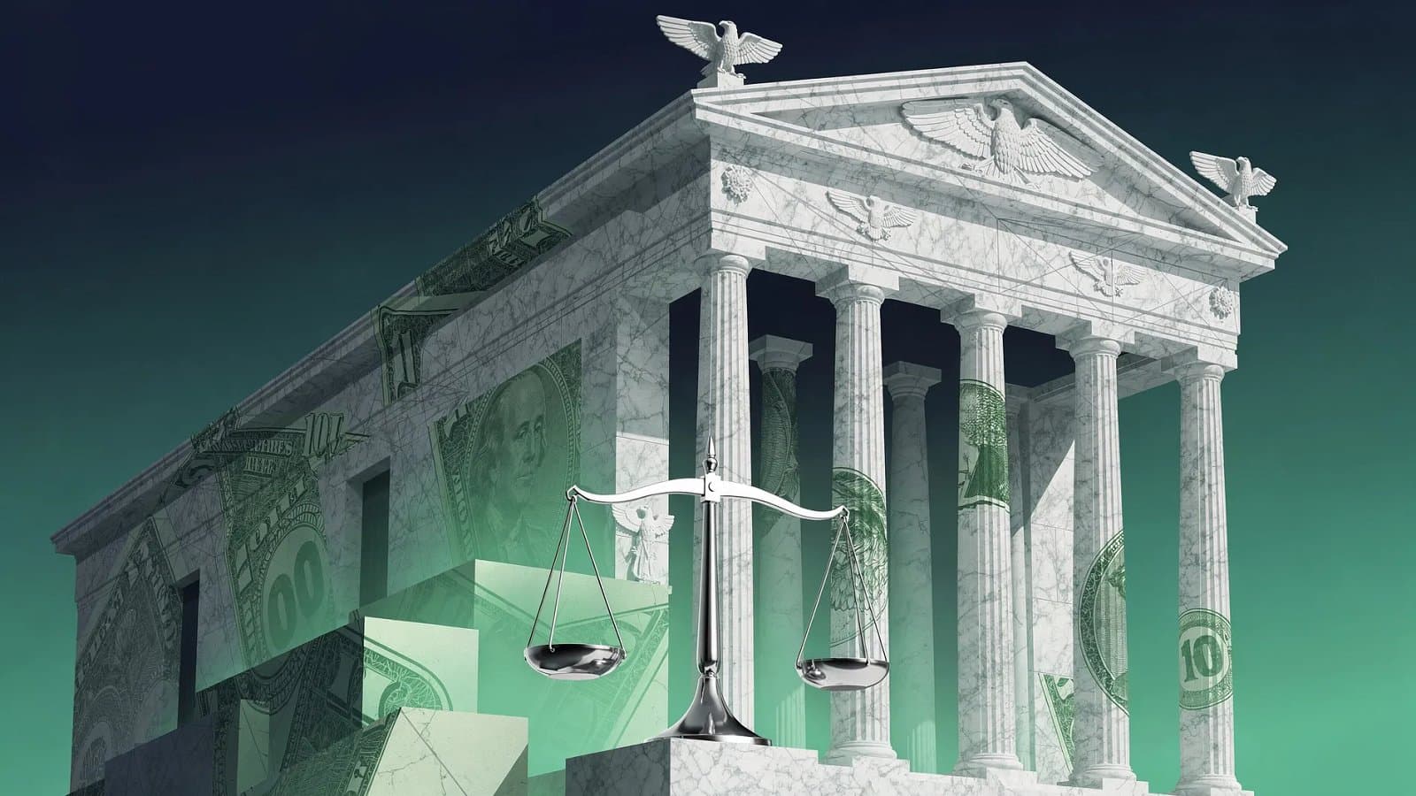 Illustration abstraite évoquant la transition à la tête de la Réserve fédérale américaine, architecture institutionnelle néoclassique et dégradé bleu vert.