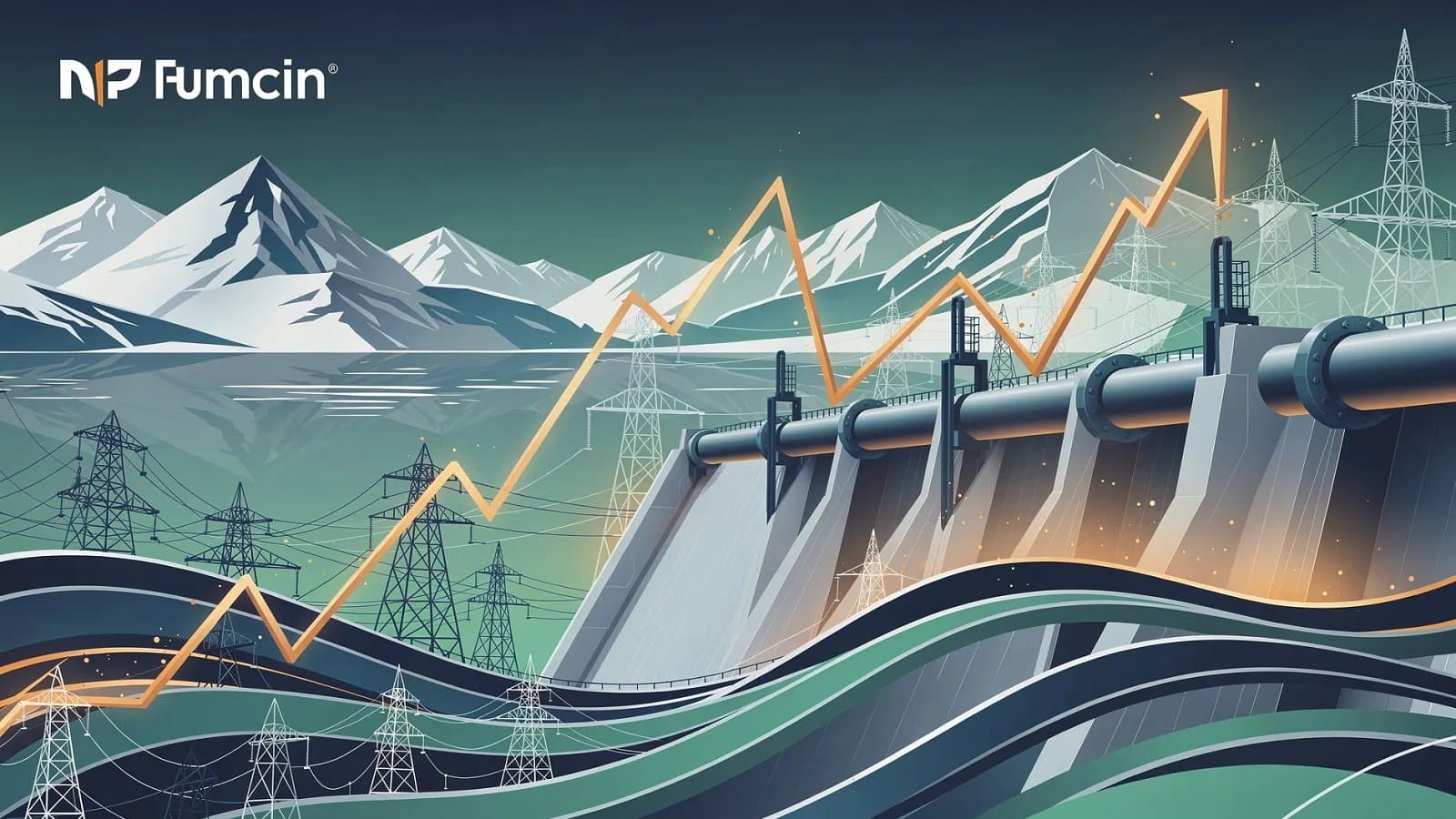 Illustration abstraite évoquant l'écart de prime hivernale sur le marché européen de l'électricité, formes ascendantes en dégradé bleu et vert.