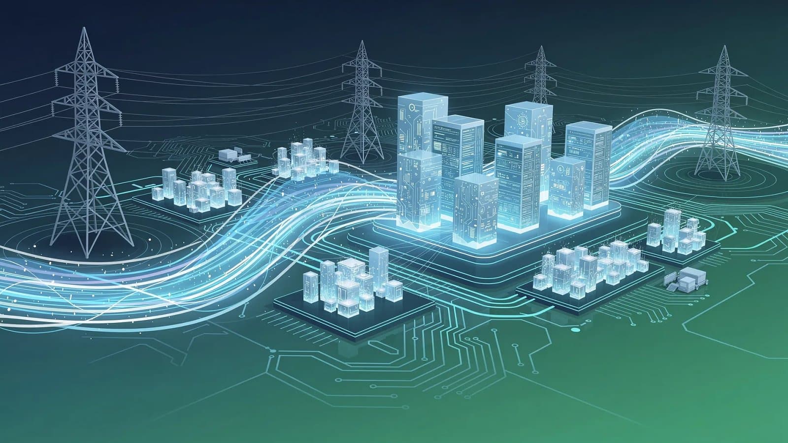 Illustration abstraite d'une infrastructure énergétique haute tension fusionnant avec des silhouettes de centres de données numériques, symbolisant la convergence entre puissance électrique et calcul intensif.