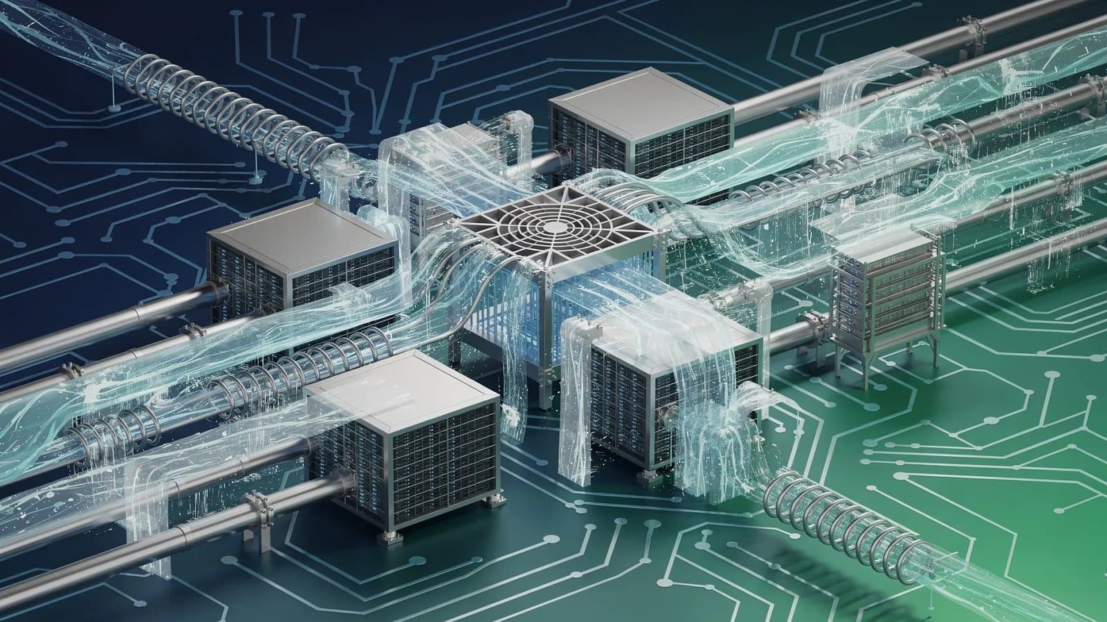 Illustration abstraite évoquant la dissipation thermique et l'écoulement de fluides caloporteurs dans les centres de données d'intelligence artificielle, conduits parallèles et dégradé bleu vert.