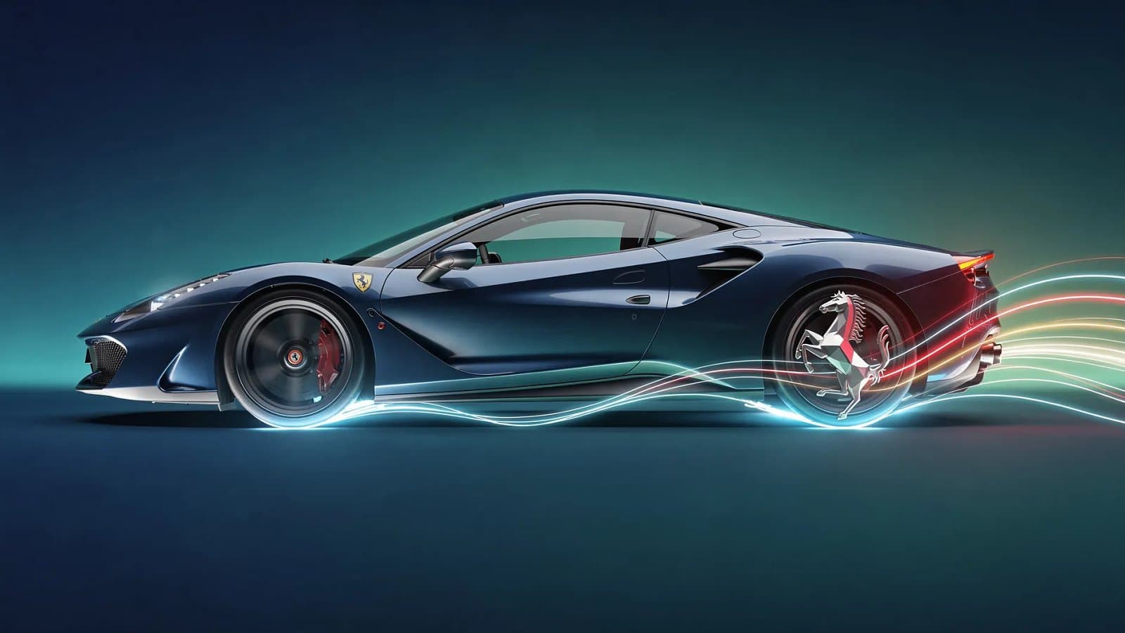 Illustration abstraite représentant la transition énergétique du secteur automobile de luxe avec des formes dynamiques évoquant une voiture sportive et des flux d énergie électrique en dégradé bleu et vert