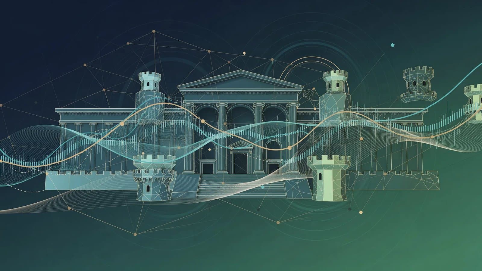 Visualisation abstraite de réseaux financiers européens interconnectés et de courbes obligataires souveraines sous pression