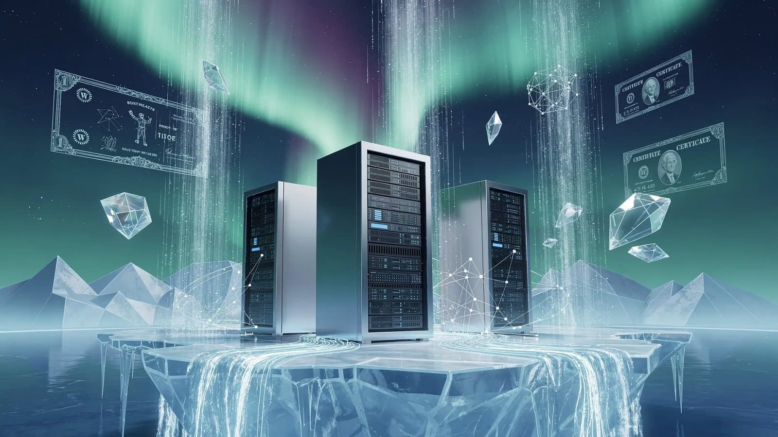 Visualisation abstraite d'une infrastructure de calcul nordique alimentée par énergie hydroélectrique, évoquant le financement obligataire de PolarDC