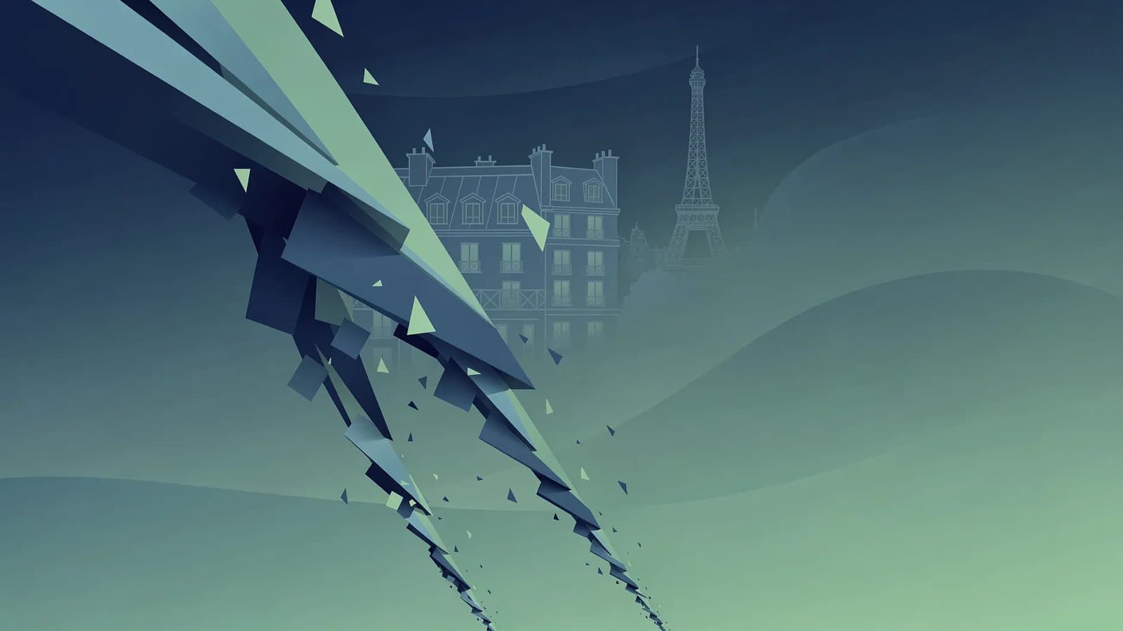 Visualisation abstraite de formes descendantes en dégradé bleu et vert, symbolisant la contraction du PIB français au premier trimestre 2026