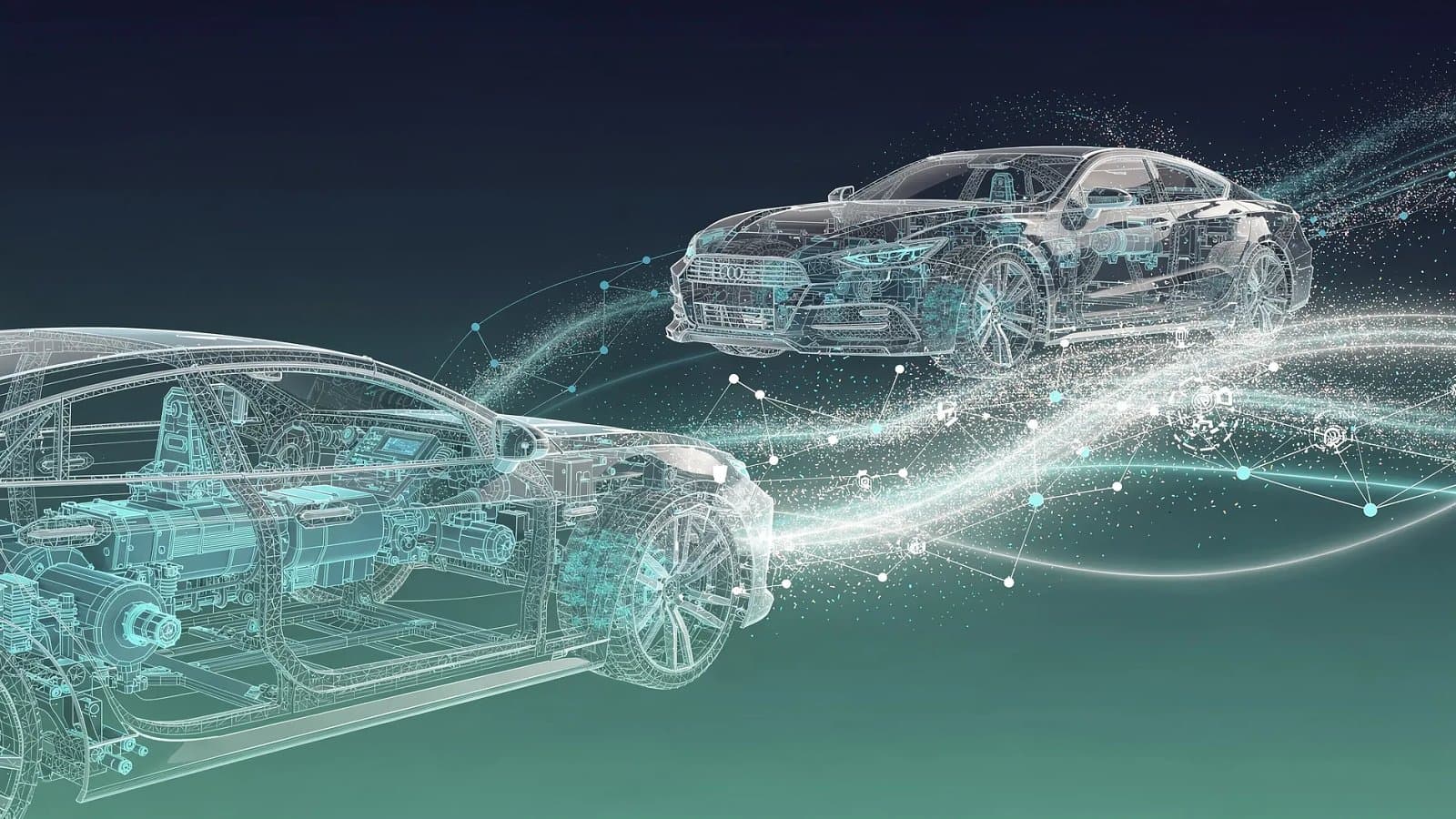 Visualisation abstraite de structures d'ingénierie aérospatiale et automobile se fondant dans des réseaux lumineux d'intelligence artificielle, sur un dégradé bleu et vert
