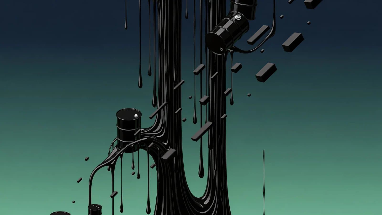 Visualisation abstraite de flux de pétrole noir refluant le long d'une voie maritime stylisée, symbolisant la chute des cours du brut en mai 2026
