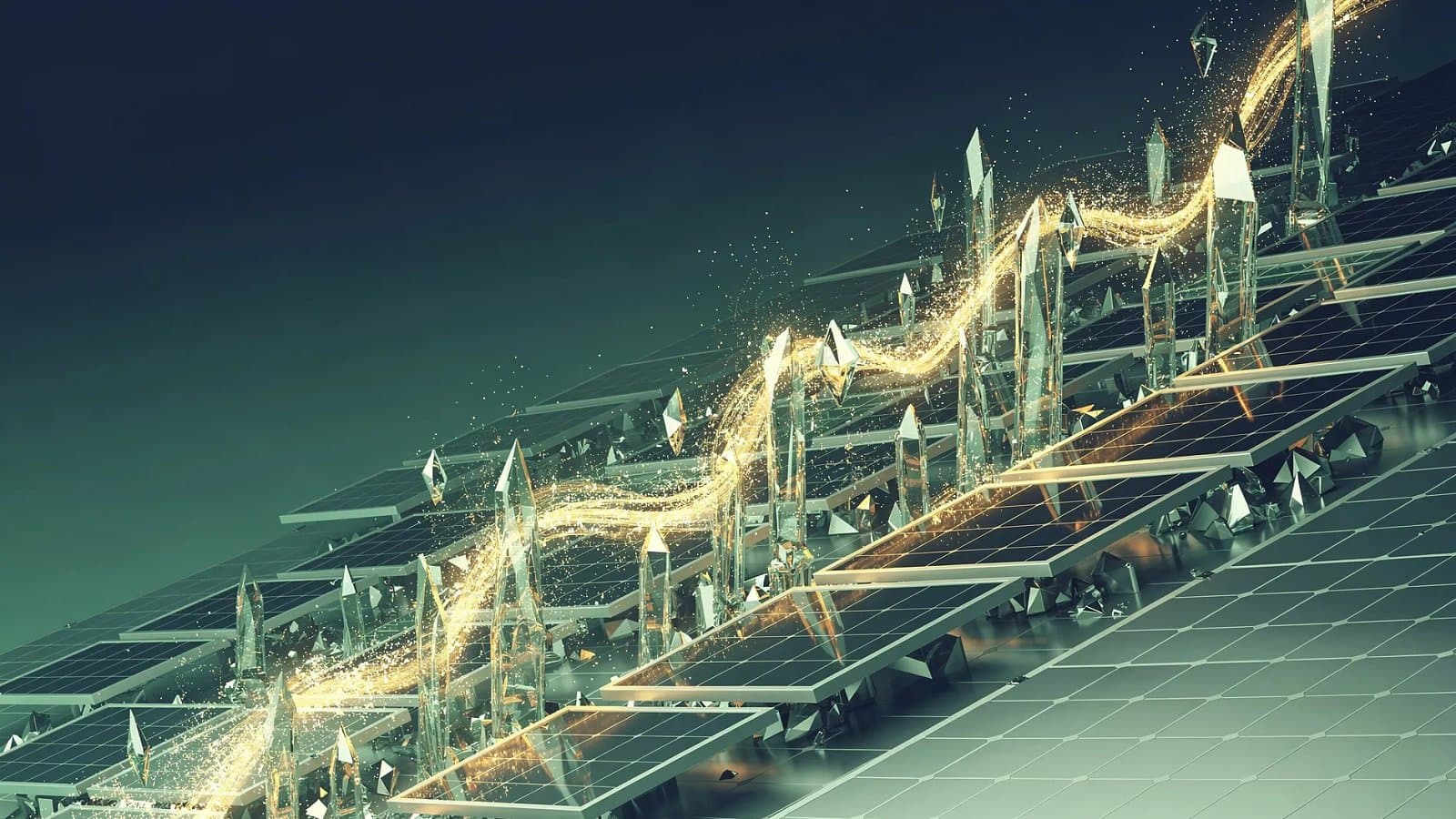 Visualisation abstraite de surfaces photovoltaïques et de flux d'énergie ascendants symbolisant le rebond boursier du secteur solaire