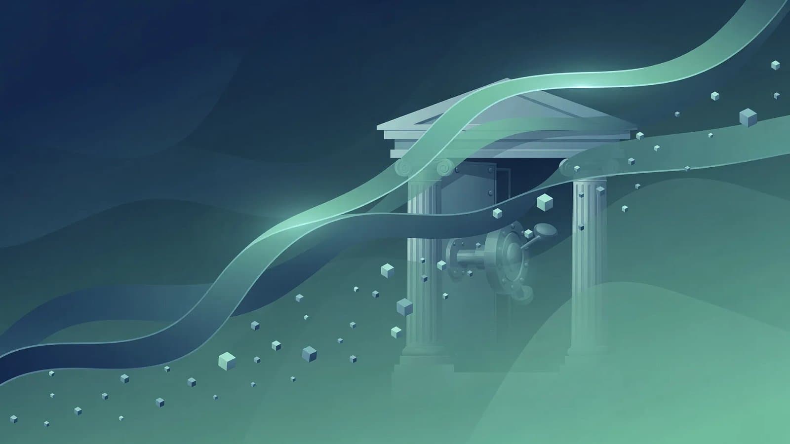 Visualisation abstraite de flux financiers descendants évoquant la baisse du taux d'un produit d'épargne réglementée