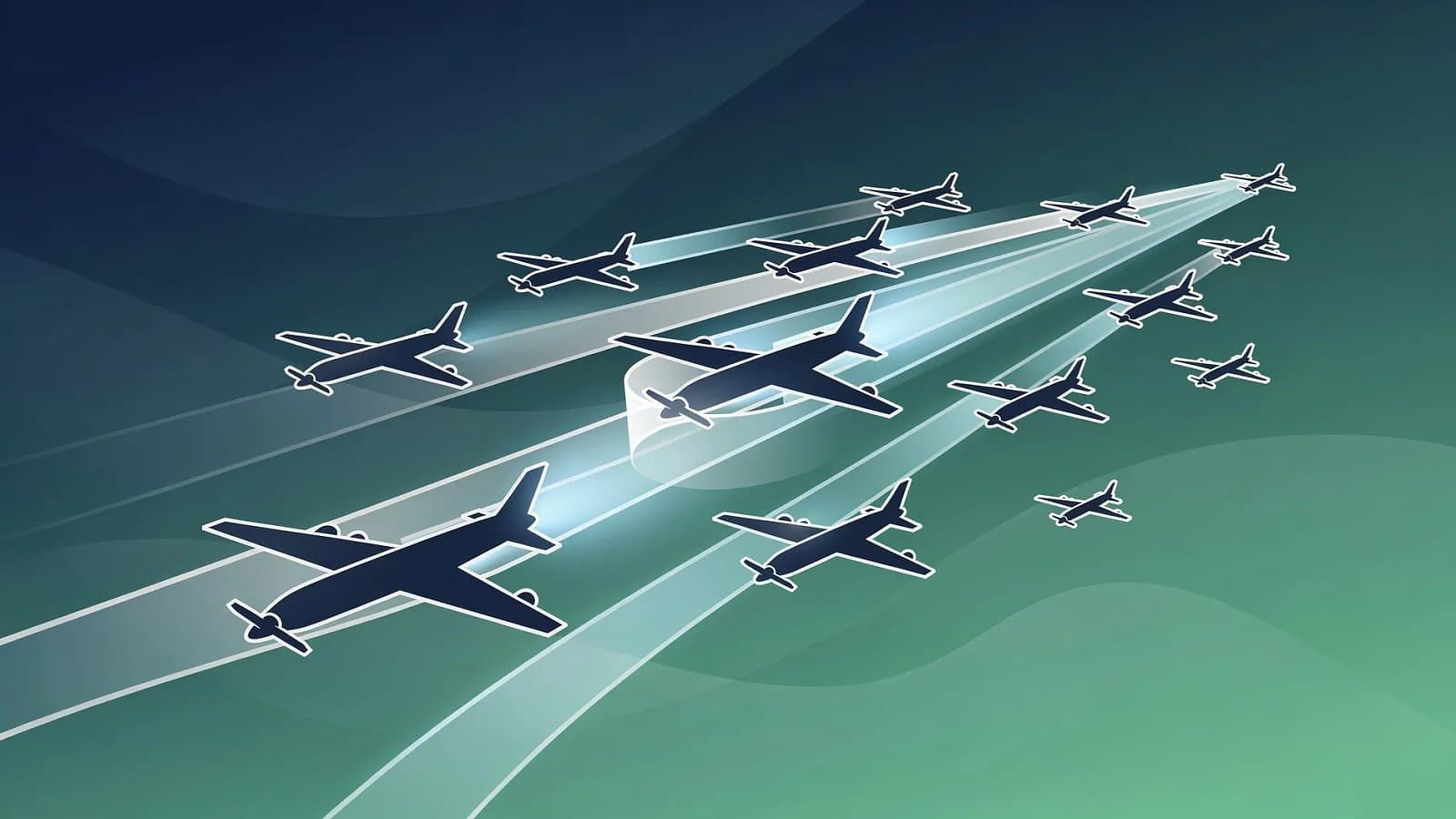 Visualisation abstraite de silhouettes d'avions stylisées et de flux financiers convergents, évoquant le rachat d'une flotte aérienne par un investisseur en actifs aéronautiques