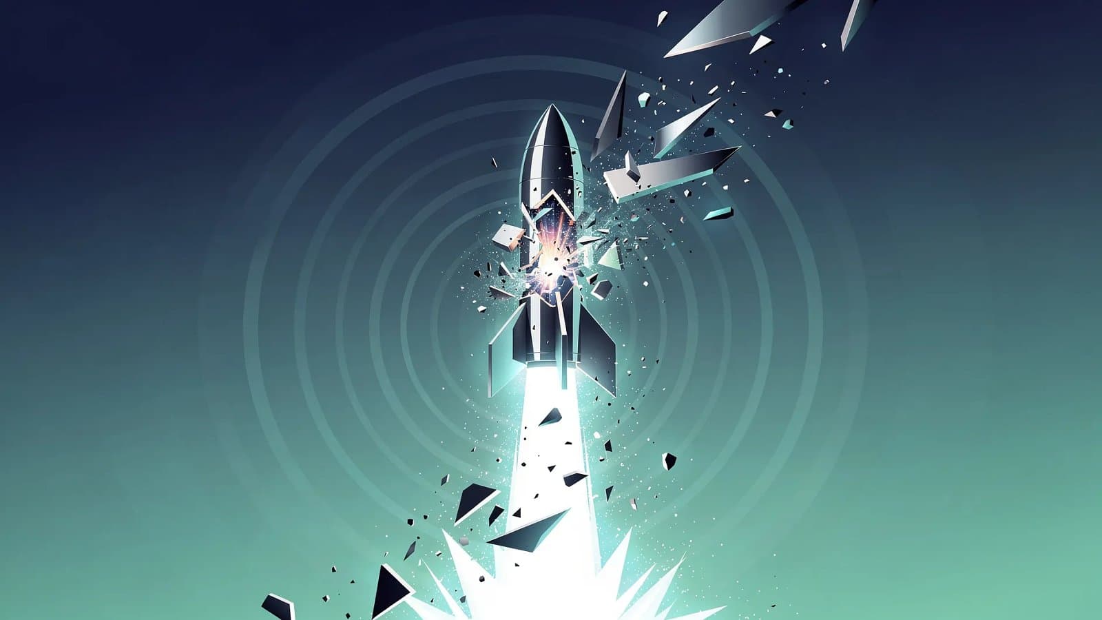 Illustration abstraite d'un lanceur spatial fragmenté dans une explosion stylisée, ondes de choc et fragments ascendants sur fond de dégradé bleu profond et vert