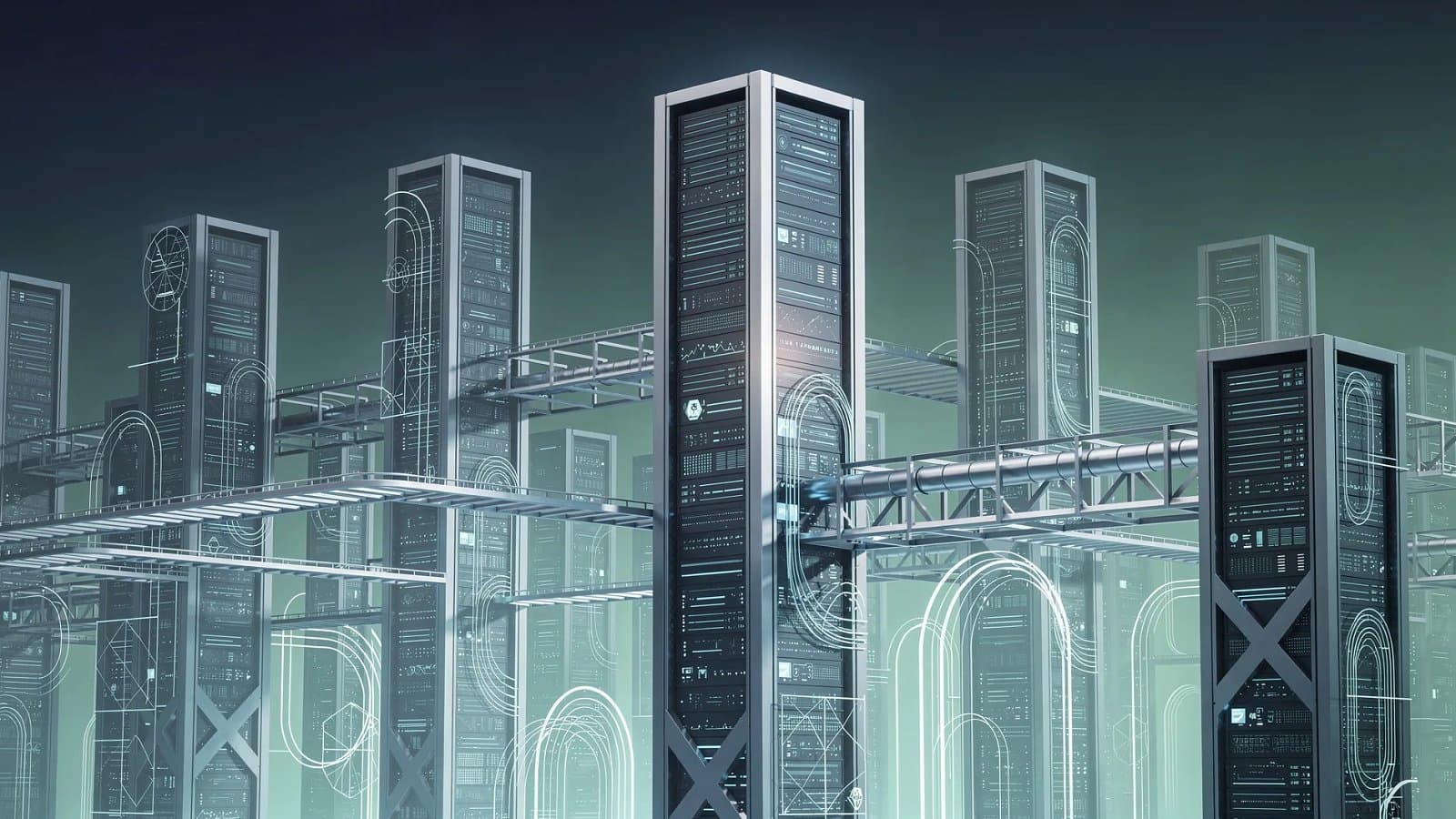 Visualisation abstraite d'un vaste cluster de centres de données alimenté par une énergie bas carbone, symbolisant l'investissement de SoftBank dans l'IA en France
