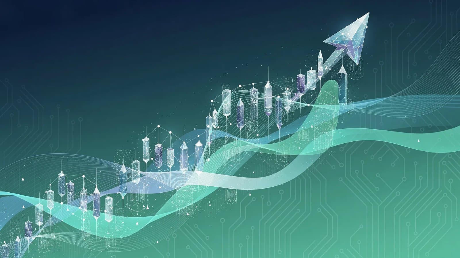 Visualisation abstraite d'une dynamique boursière ascendante traversée de structures technologiques cristallines, symbole de la concentration des marchés américains autour de l'intelligence artificielle