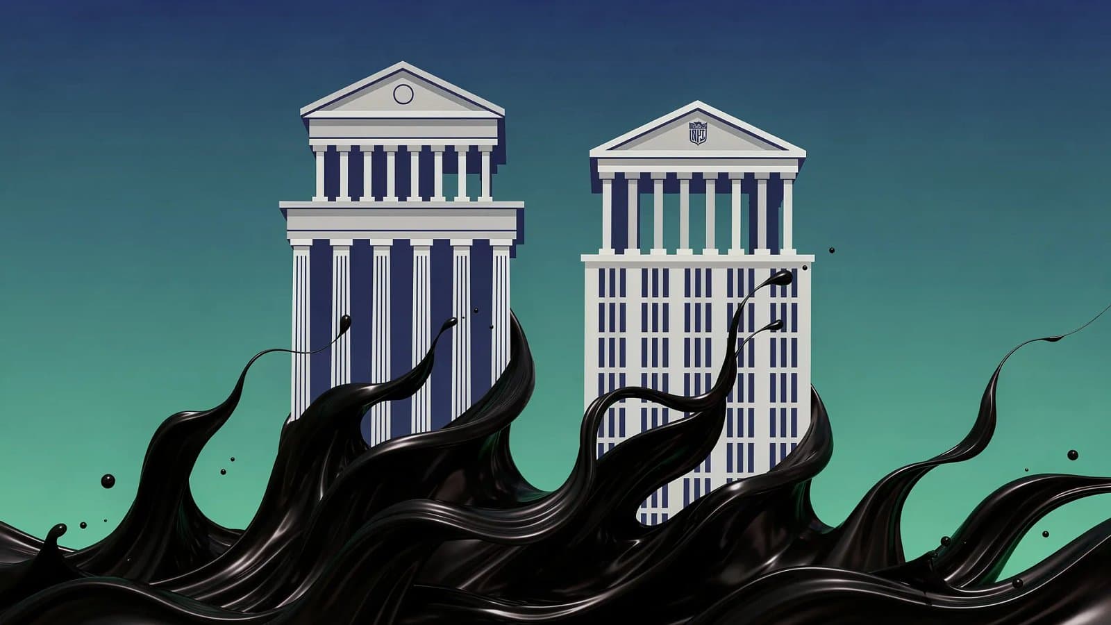 Illustration abstraite de deux structures institutionnelles monétaires figées face à des flux énergétiques ascendants symbolisant le choc pétrolier