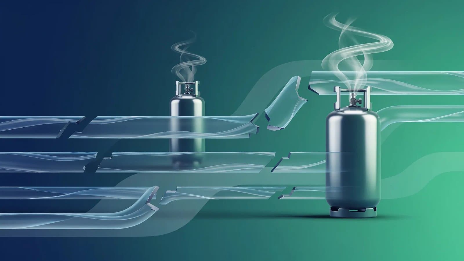 Visualisation abstraite de flux de gaz liquéfié et de pression énergétique sur un fond bleu et vert, évoquant la hausse des coûts du GPL industriel