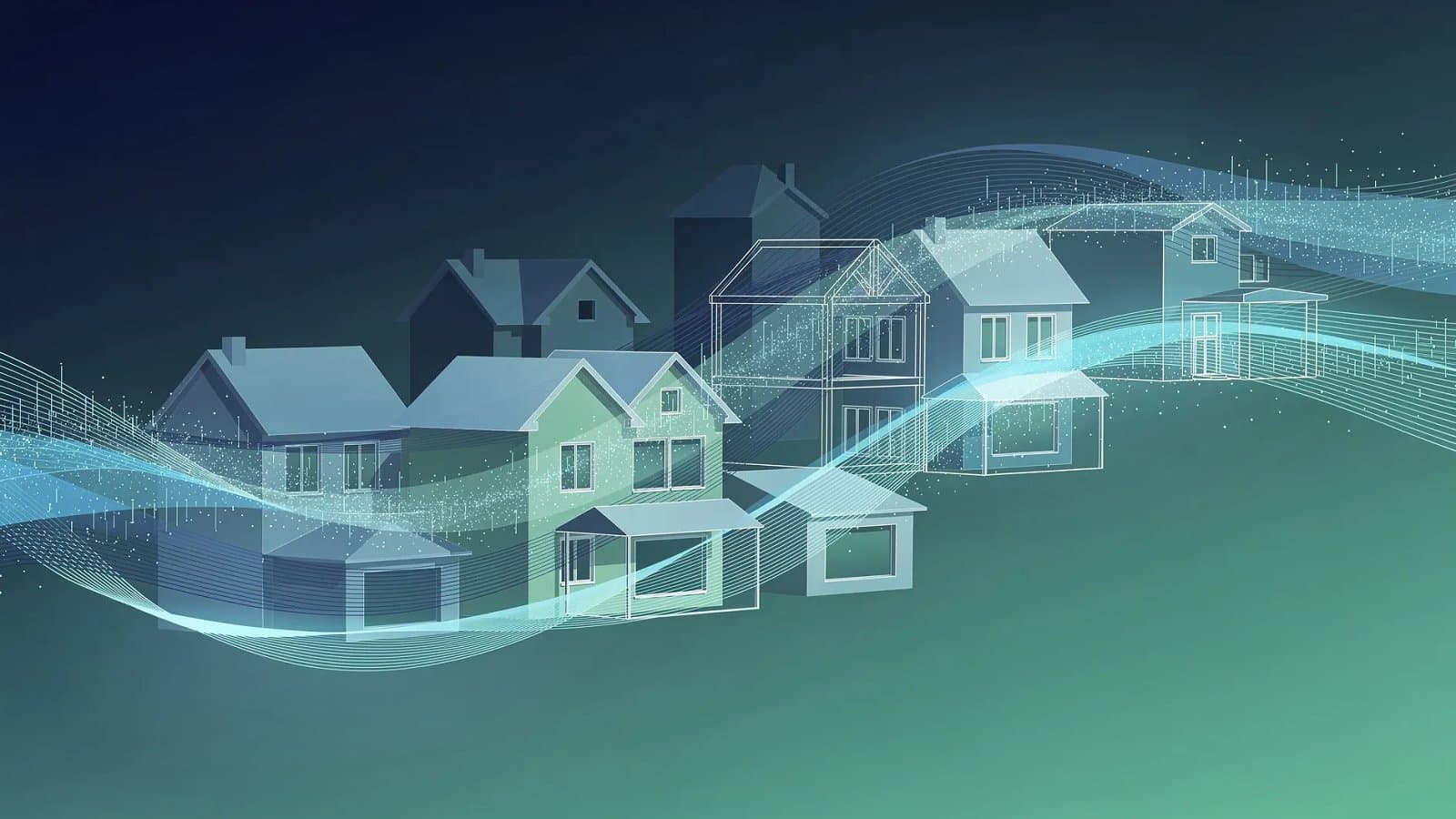 Représentation abstraite de silhouettes architecturales résidentielles et de flux de capitaux, évoquant le rachat d'un constructeur immobilier par un grand conglomérat