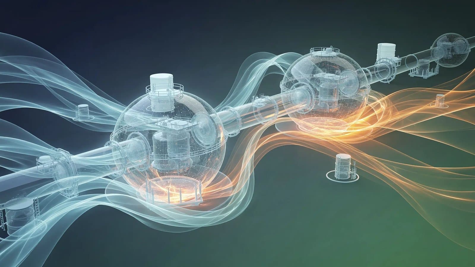 Visualisation abstraite de flux gazeux et de réservoirs énergétiques évoquant la tension sur les stocks de gaz européens avant l'hiver