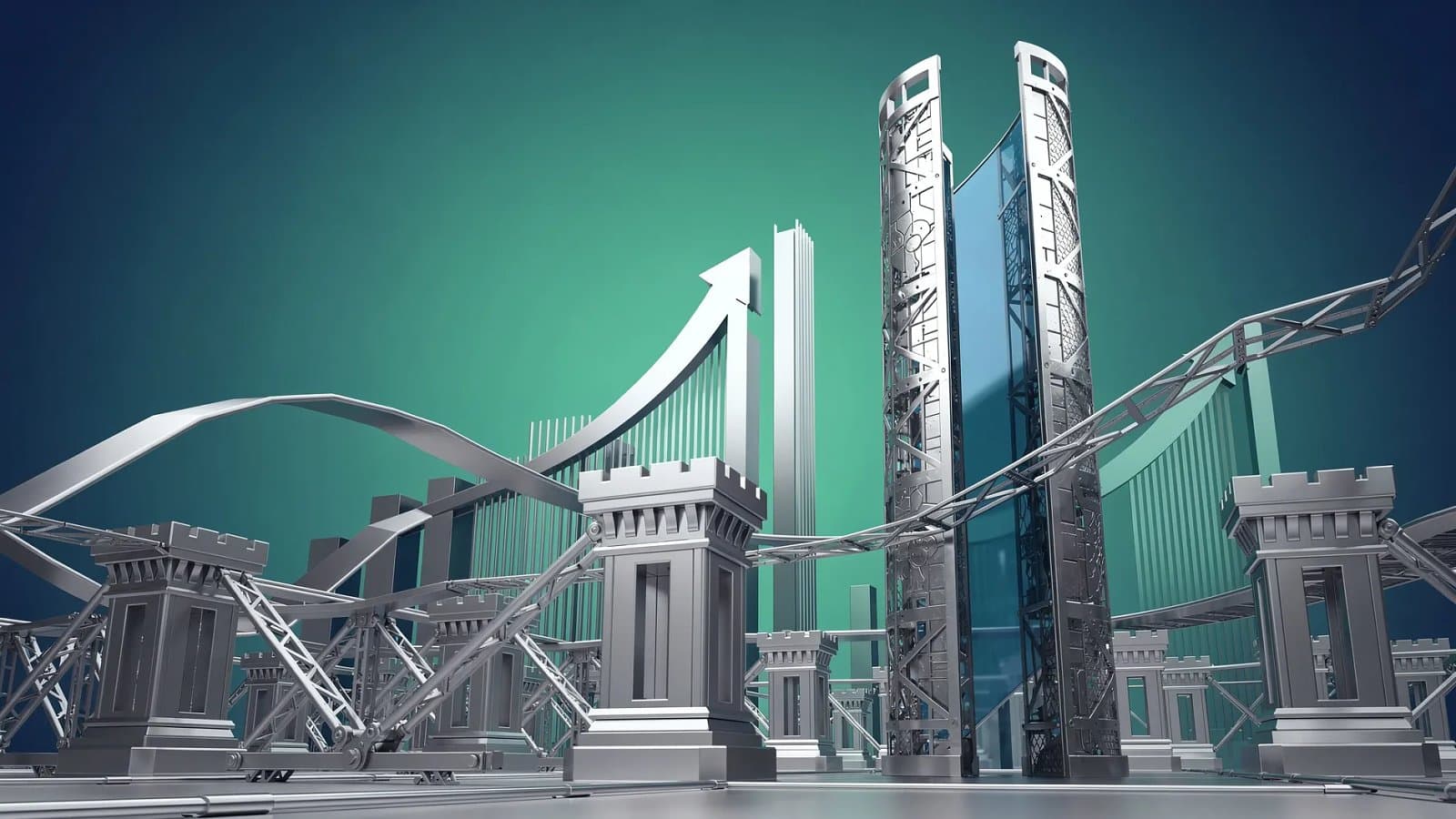 Illustration abstraite de structures industrielles et métalliques évoquant le secteur de la défense européenne et une cotation boursière