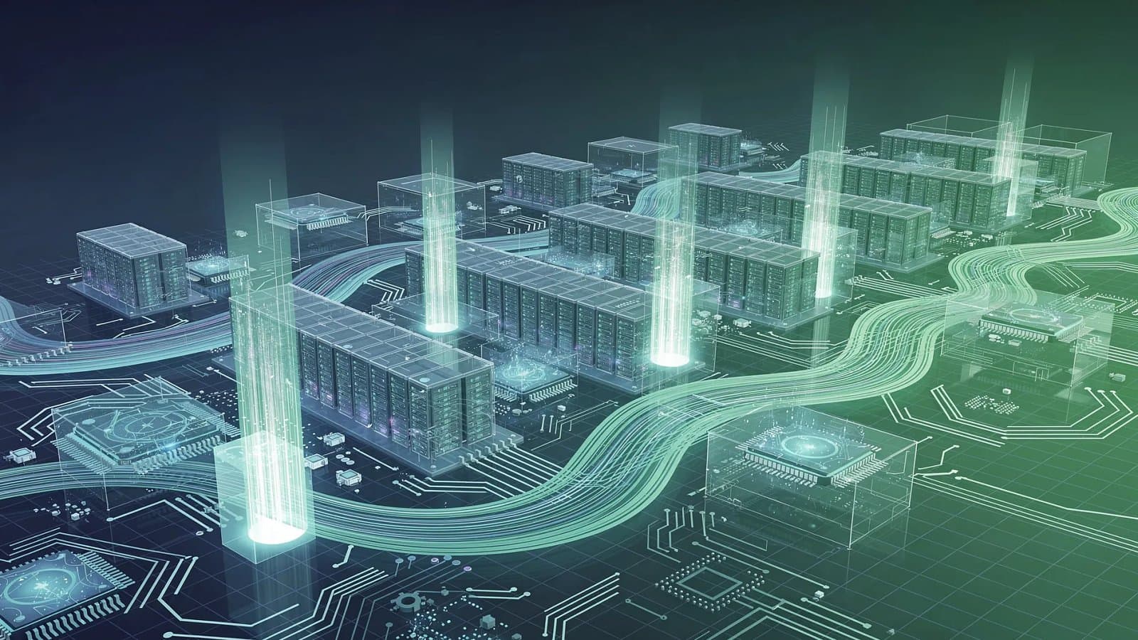 Visualisation abstraite d'un campus de calcul intensif dédié à l'intelligence artificielle, flux de données et architecture numérique bas carbone