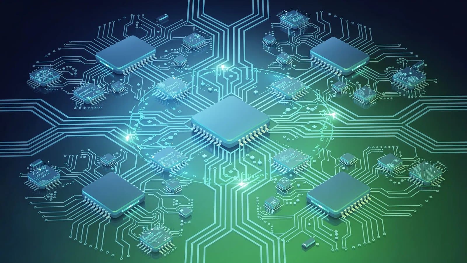Visualisation abstraite de circuits électroniques et de flux de données symbolisant l'entrée de Nvidia sur le marché des processeurs pour ordinateurs personnels
