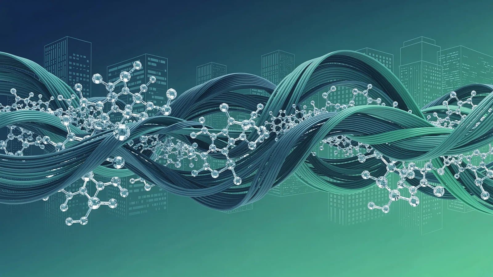 Illustration abstraite évoquant la recherche pharmaceutique et la biologie musculaire, structures organiques fluides sur dégradé bleu et vert