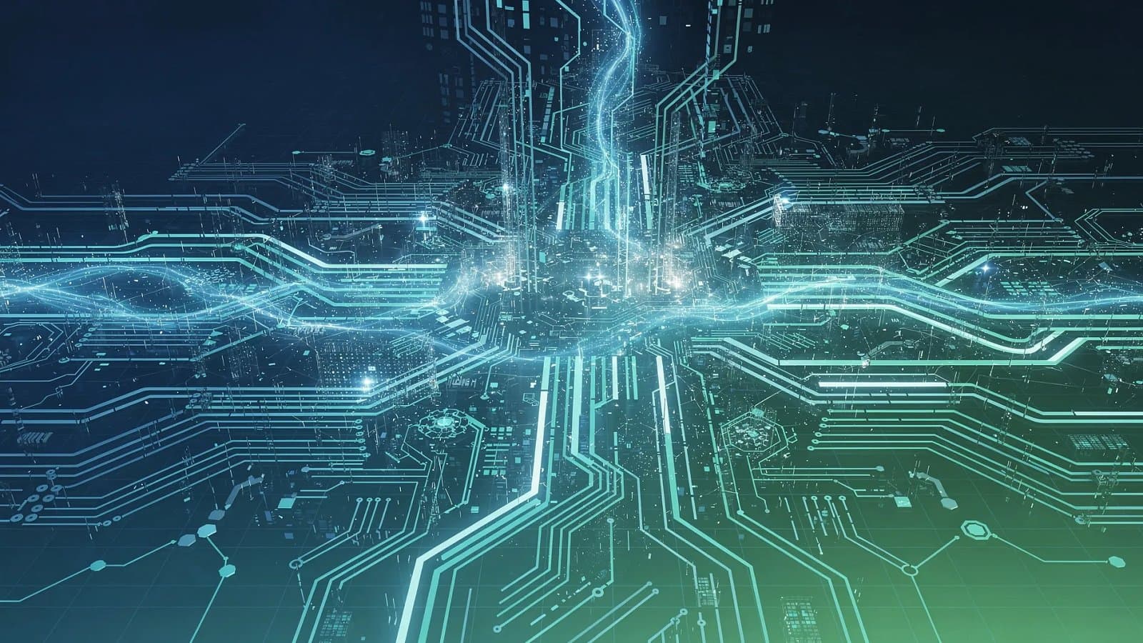Visualisation abstraite d'un réseau de centres de données alimentés par une énergie nucléaire, symbolisant l'infrastructure d'intelligence artificielle implantée en France