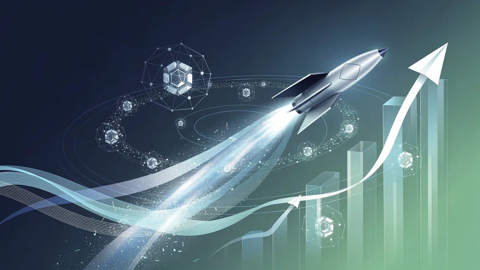 Illustration abstraite d'une introduction en Bourse spatiale, trajectoires ascendantes et réseau de connectivité orbitale en dégradé bleu et vert