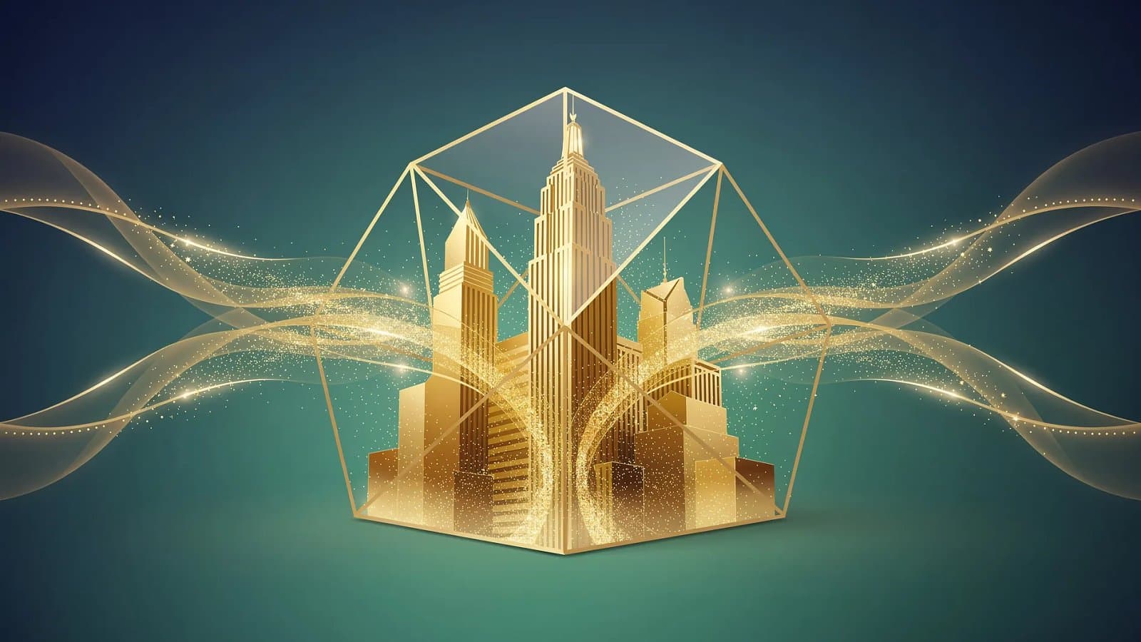 Illustration abstraite évoquant des tours de casino dorées de Las Vegas enserrées par une structure géométrique, symbole d'une prise de contrôle privée des actifs de MGM Resorts