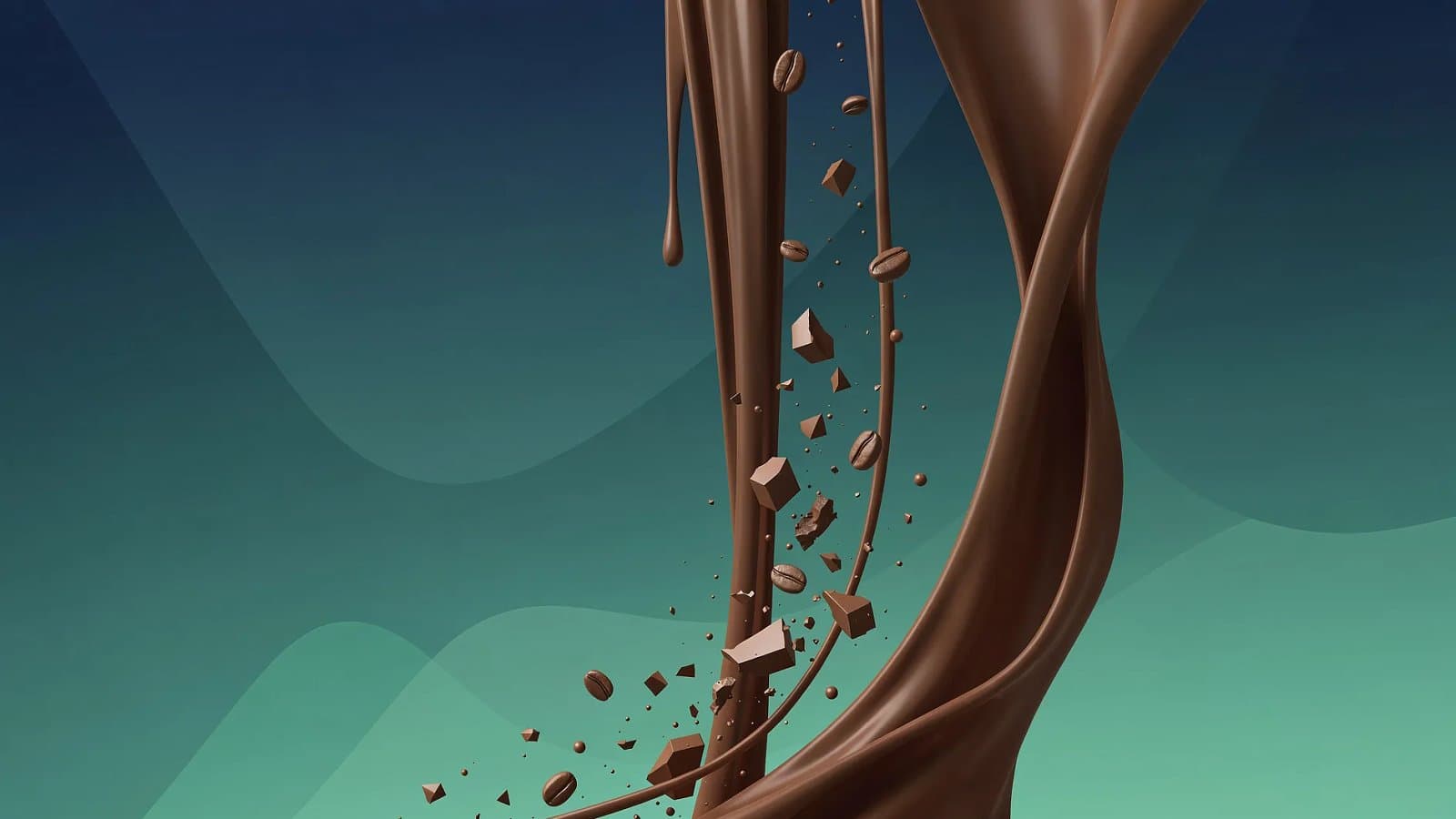 Visualisation abstraite de la chute des cours du cacao, formes brunes descendantes sur un dégradé bleu et vert
