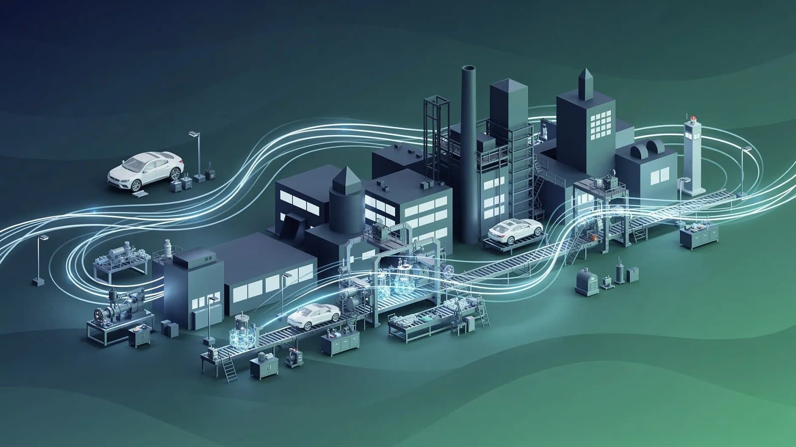 Illustration abstraite de l'industrie automobile française et de la transition vers le véhicule électrique, formes dynamiques bleu profond et vert émeraude évoquant l'usine et la production