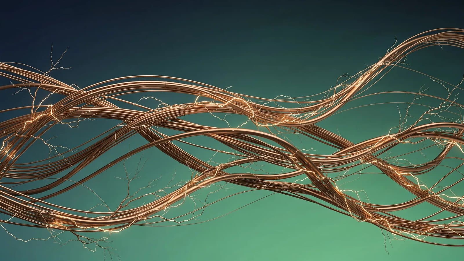 Illustration abstraite évoquant un réseau de câbles de cuivre et l'électrification industrielle, filaments métalliques entrelacés et flux d'énergie dynamiques sur fond bleu et vert