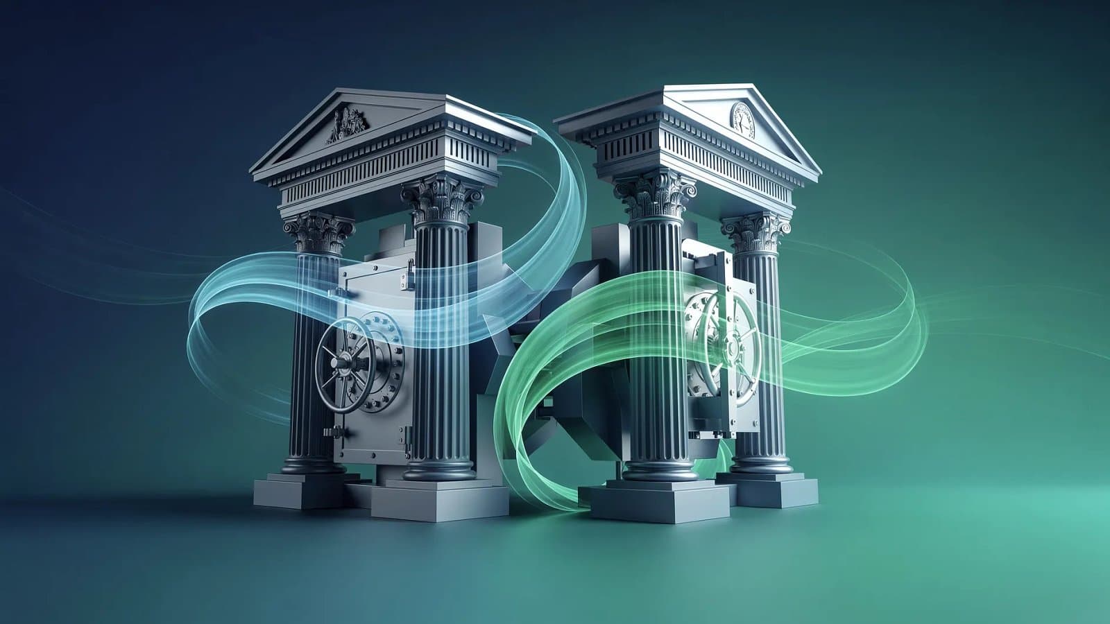 Visualisation abstraite de la fusion de deux structures institutionnelles bancaires européennes, formes architecturales imbriquées