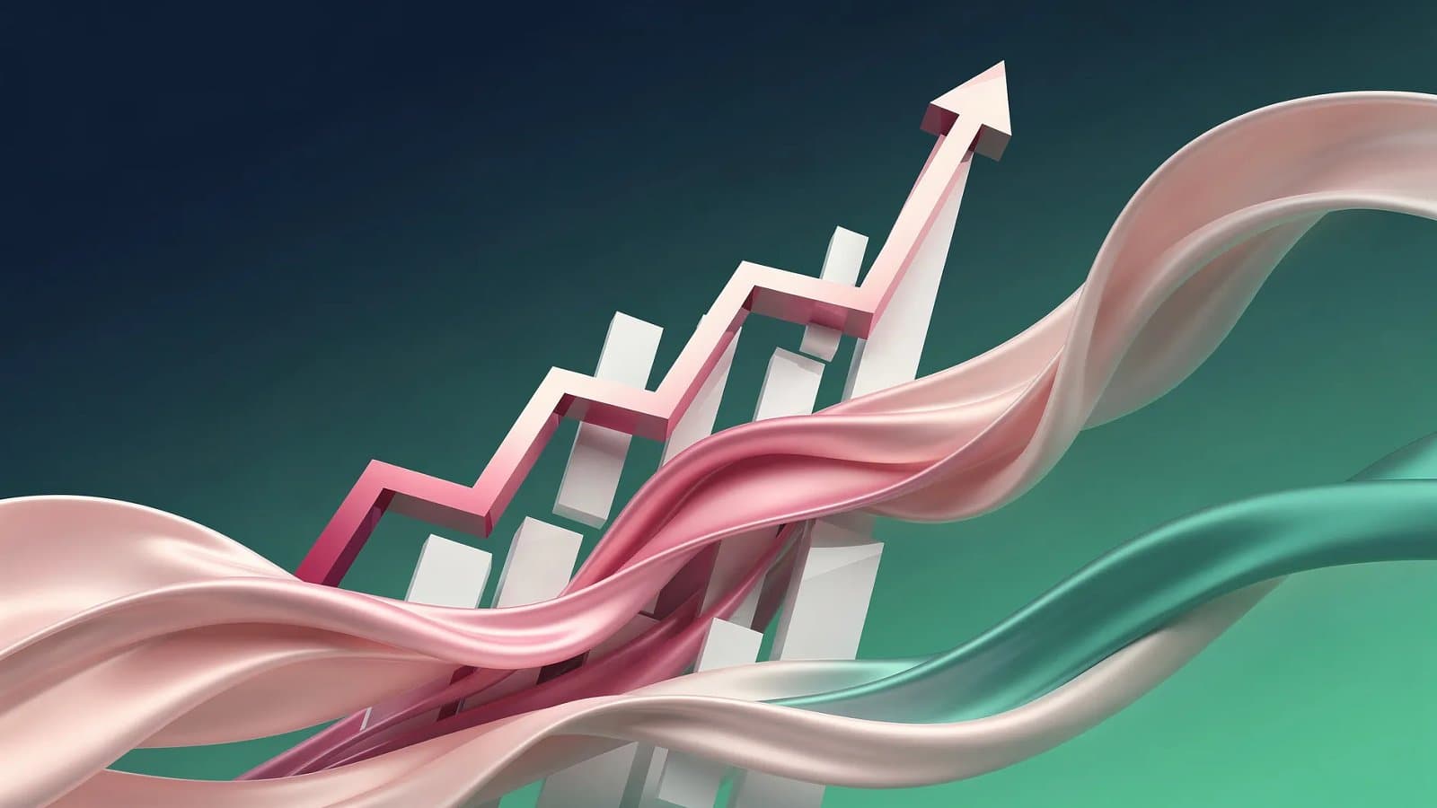 Illustration abstraite d'une envolée boursière, formes ascendantes roses et bleues évoquant la hausse spectaculaire de l'action Victoria's Secret