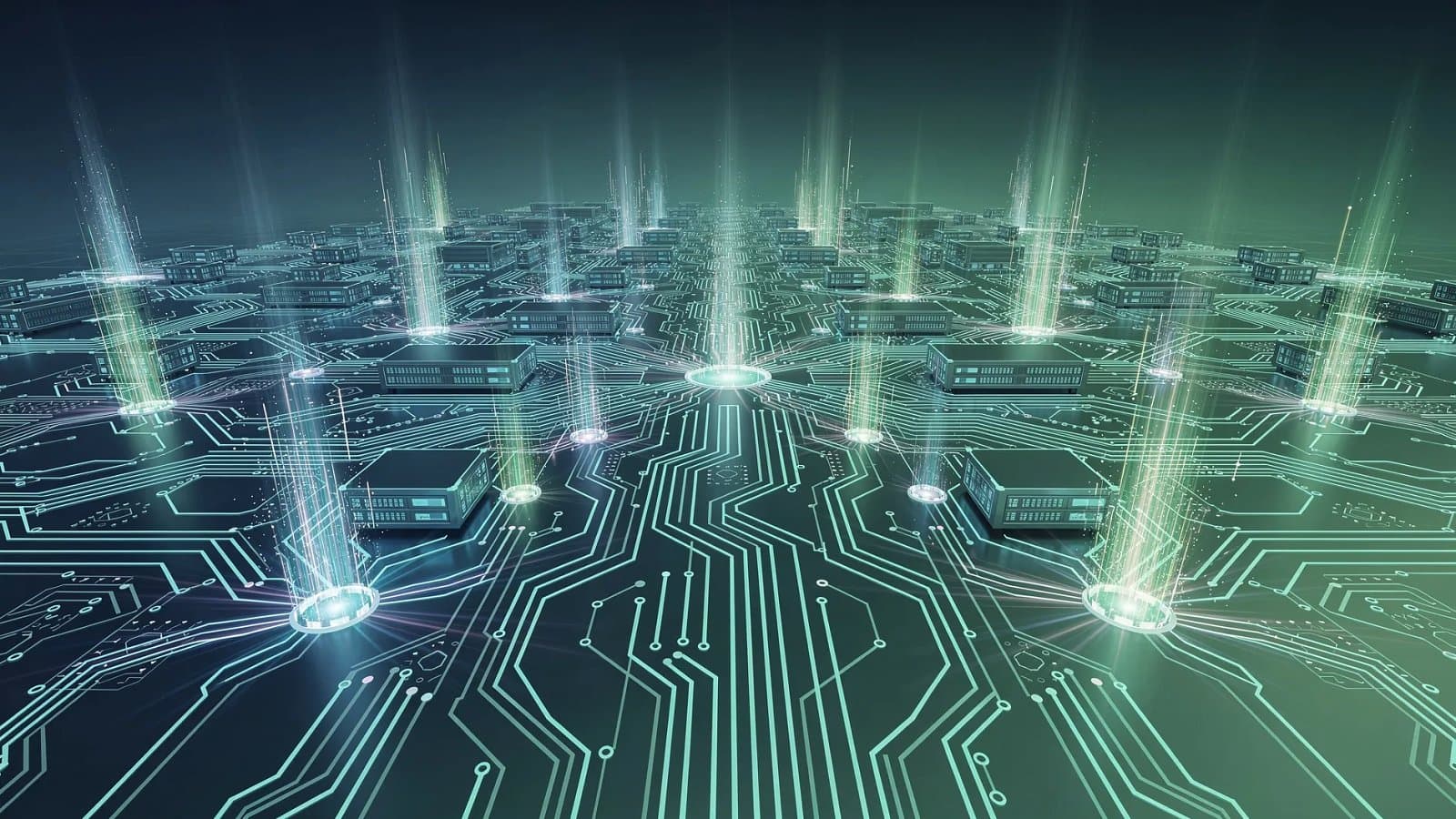 Illustration abstraite de réseaux de données interconnectés et de flux numériques évoquant l'infrastructure informatique et l'intelligence artificielle