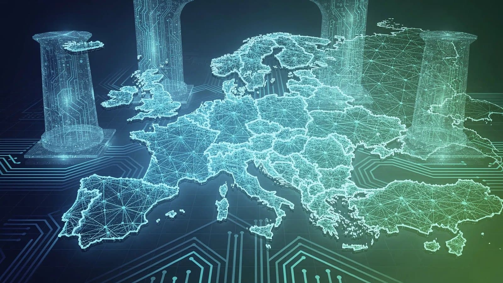 Visualisation abstraite d'une infrastructure numérique européenne souveraine, réseaux de données et architecture institutionnelle aux tons bleu profond et vert