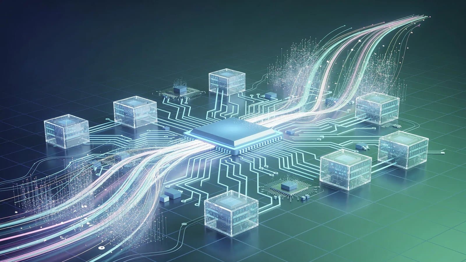 Illustration abstraite de circuits photoniques et de flux de données lumineux symbolisant la croissance de STMicroelectronics dans les semi-conducteurs pour centres de données et l'intelligence artificielle