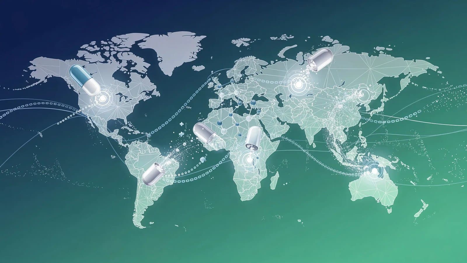 Visualisation abstraite de la mondialisation d'un traitement pharmaceutique, formes de capsules stylisées et réseaux de distribution sur dégradé bleu et vert