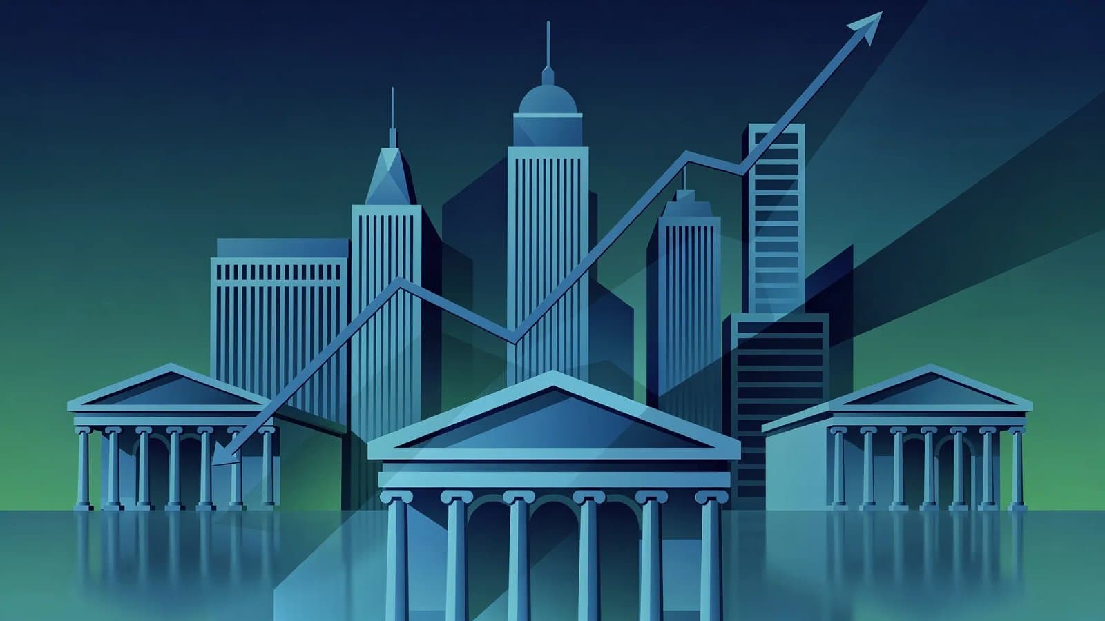 Illustration abstraite de l'architecture institutionnelle européenne aux tons bleus, évoquant la politique monétaire de la BCE et la remontée des taux directeurs