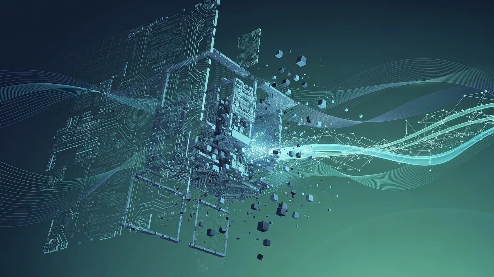 Illustration abstraite de structures logicielles fragmentées par des flux de données algorithmiques, symbolisant la pression de l'intelligence artificielle sur les éditeurs financiers