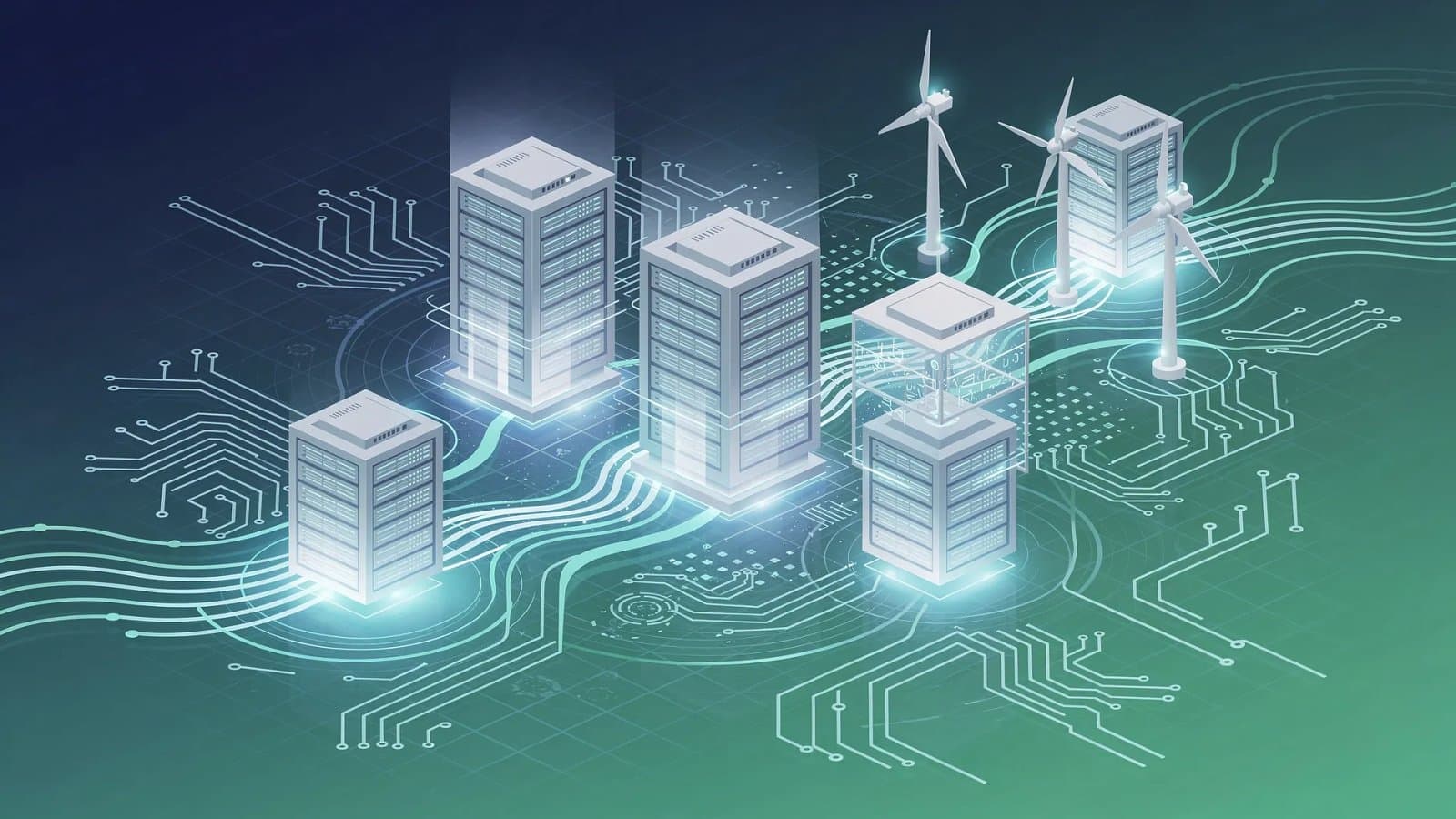 Visualisation abstraite de flux d'énergie traversant des structures de serveurs interconnectées, symbole de la consommation électrique des centres de données européens