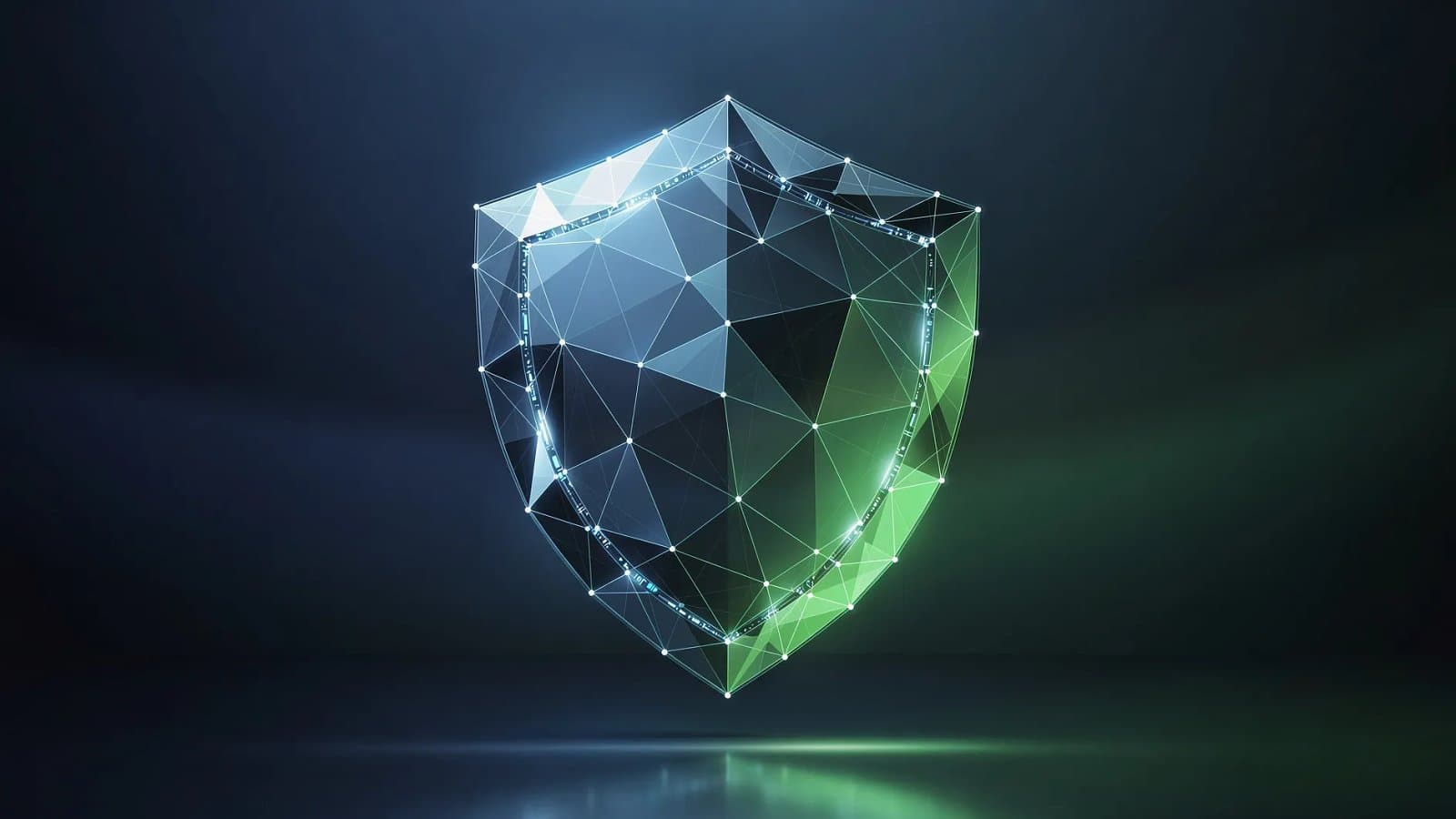 Illustration abstraite de réseaux numériques sécurisés évoquant la cybersécurité, structures cristallines et flux de données en dégradé bleu et vert