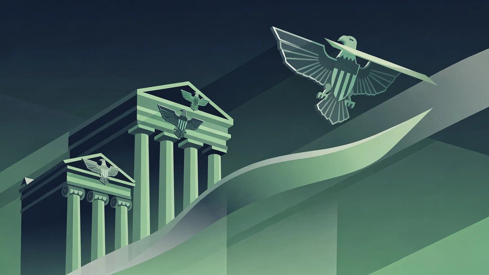 Illustration abstraite d'une architecture institutionnelle américaine évoquant la Réserve fédérale et la tension entre hausse et baisse des taux