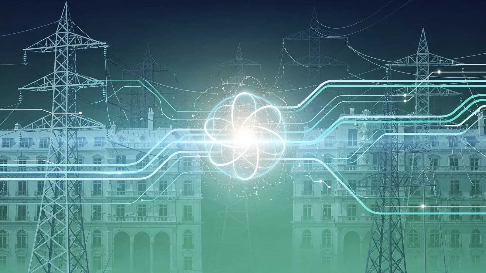 Visualisation abstraite de flux de données et de réseaux électriques interconnectés évoquant l'essor de l'intelligence artificielle en France