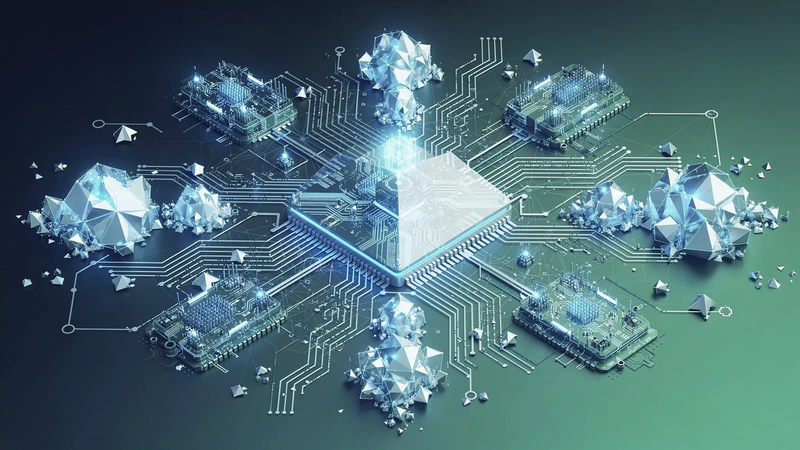 Visualisation abstraite de circuits électroniques et de flux de données symbolisant les puces d'intelligence artificielle de Broadcom