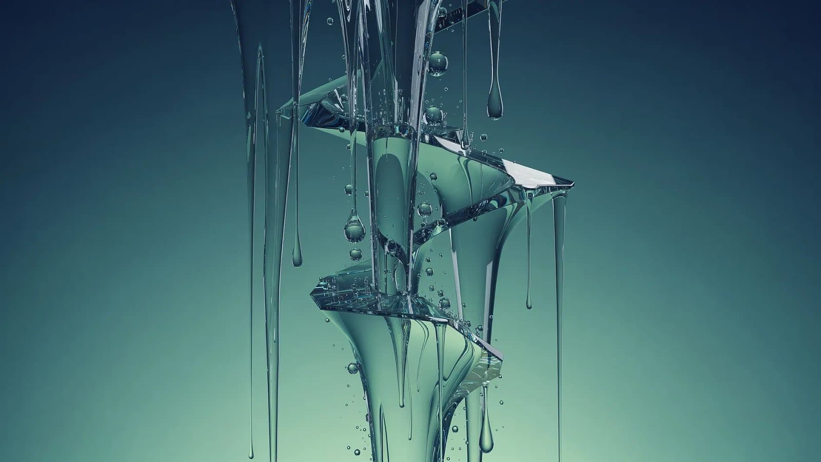 Visualisation abstraite d'un assèchement de liquidité sur les marchés privés, formes descendantes en bleu profond et vert émeraude évoquant le blocage des flux de capitaux