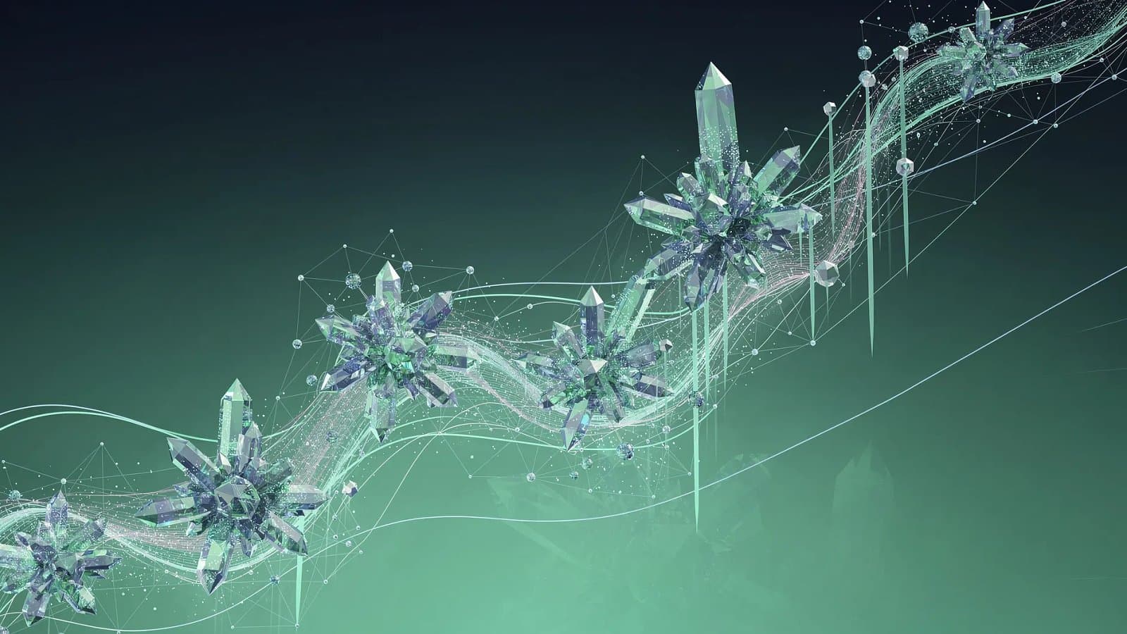 Illustration abstraite de structures cristallines quantiques et de réseaux de noeuds lumineux symbolisant l'informatique quantique en bourse