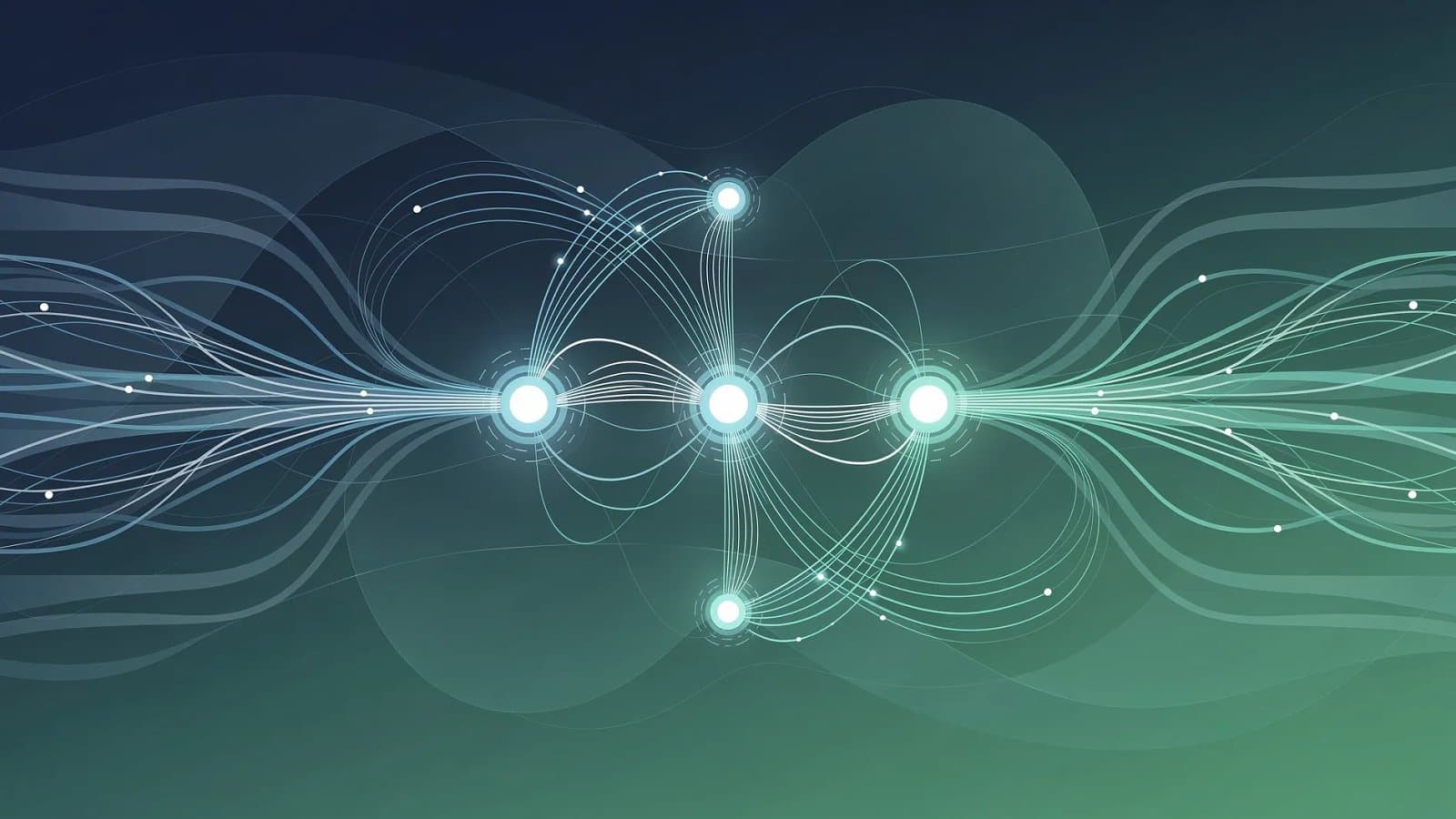 Illustration abstraite de la consolidation du marché télécom français, réseaux interconnectés convergeant en trois pôles, tons bleu et vert profonds