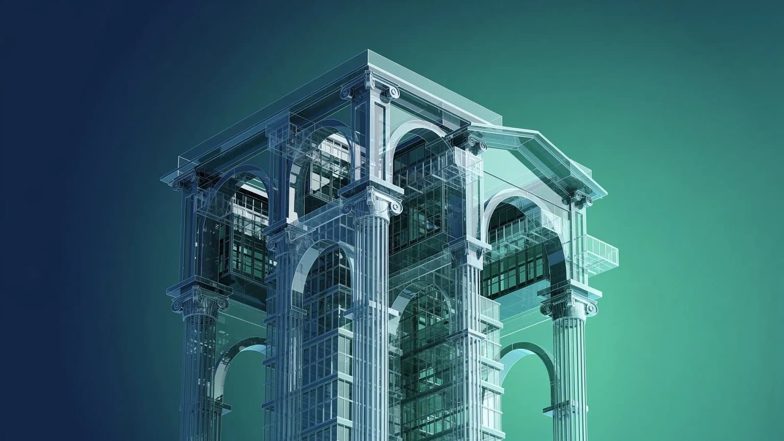 Illustration abstraite de la consolidation du marché européen de l'assurance, formes institutionnelles bleu profond et vert émeraude