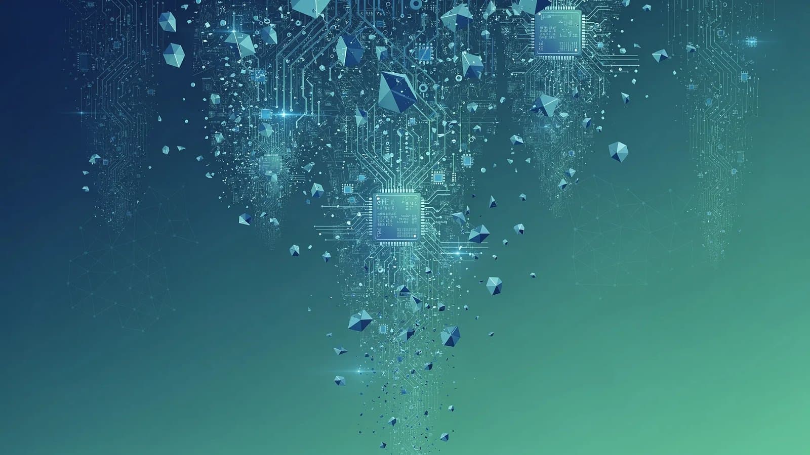 Visualisation abstraite d'un effondrement de valeurs technologiques, structures numériques en chute libre sur fond bleu profond et vert émeraude