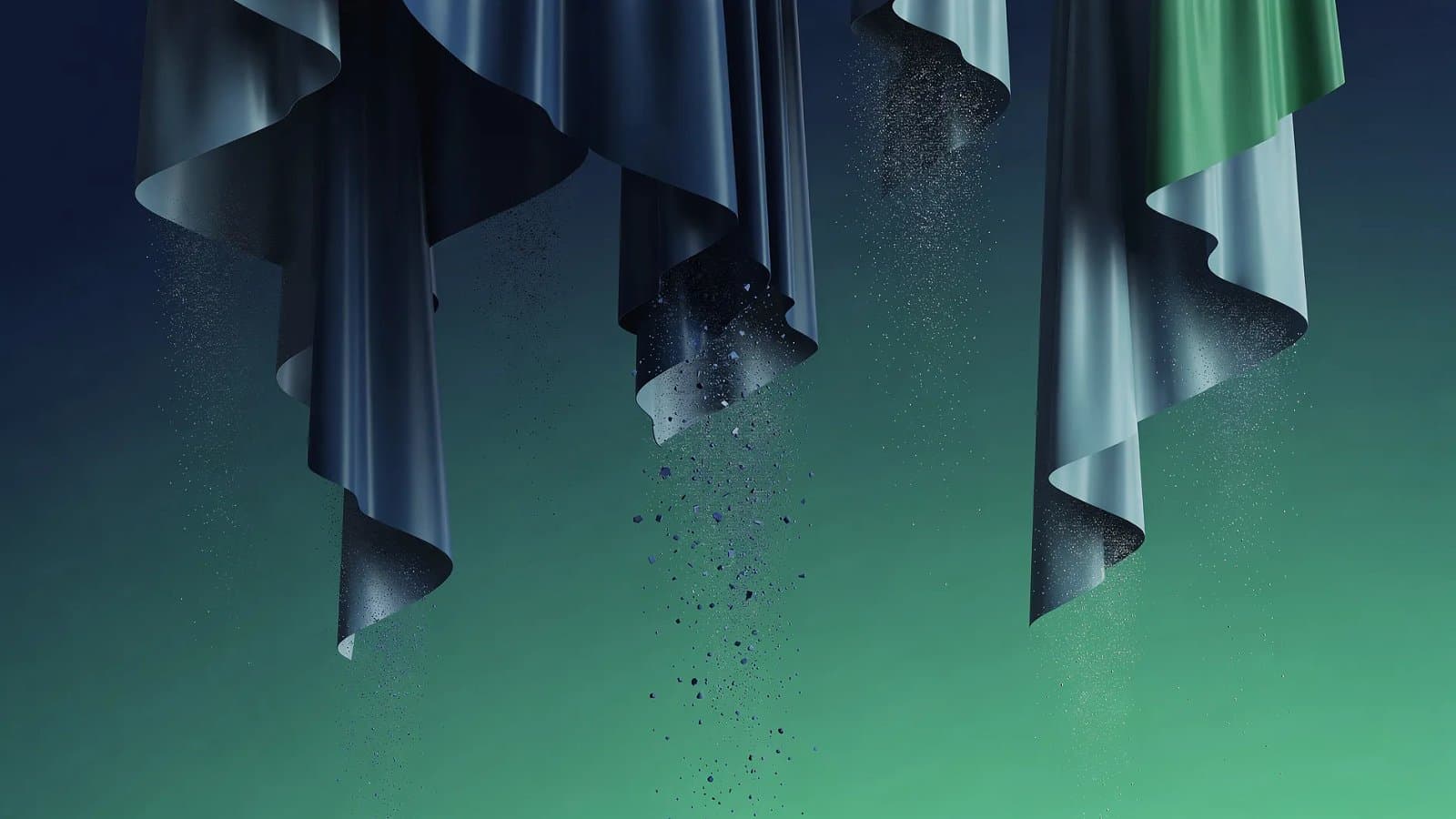 Visualisation abstraite d'un titre boursier en repli, formes descendantes et fragments en cascade dans un dégradé bleu et vert profond