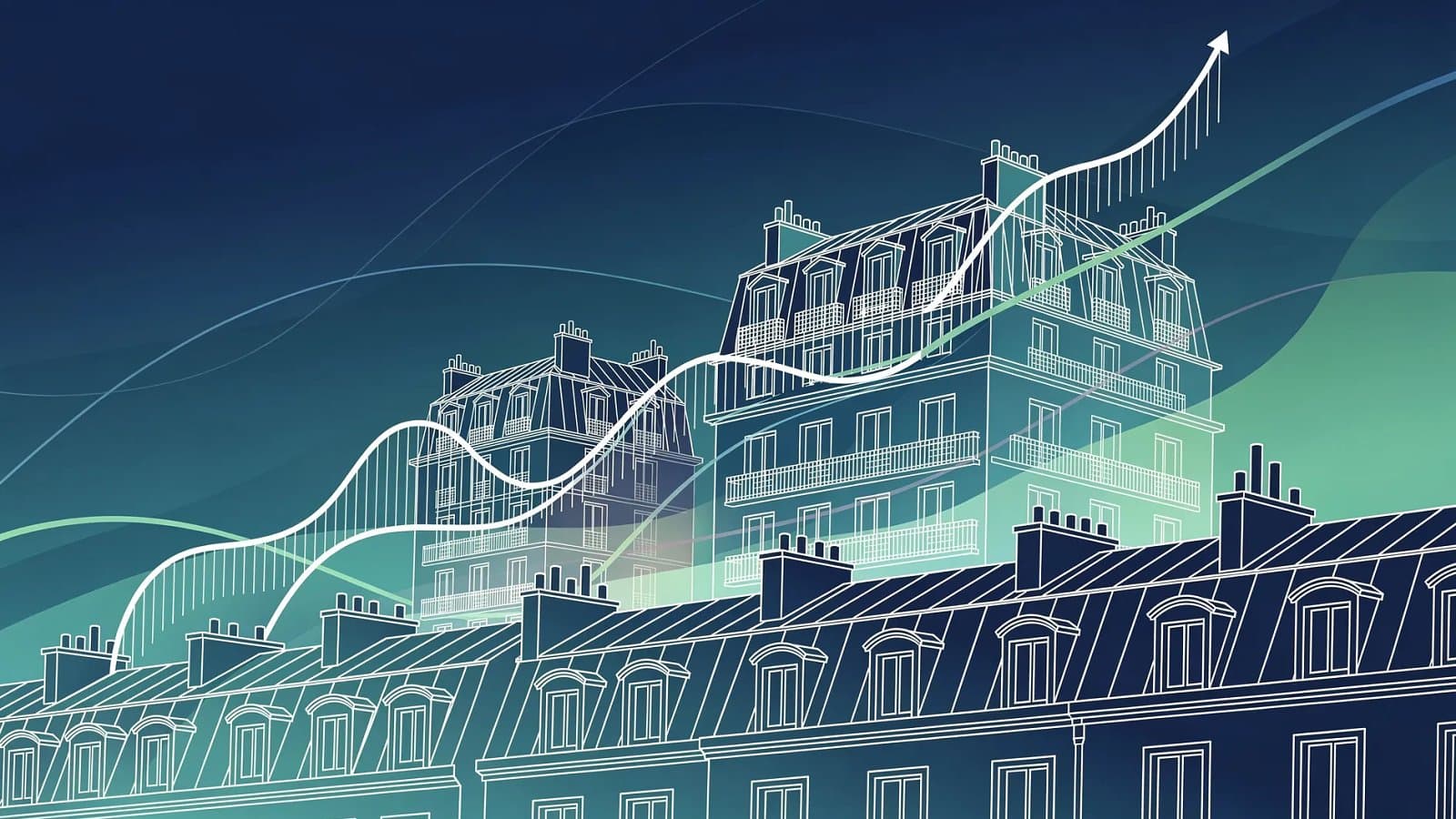 Illustration abstraite de la remontée des taux de crédit immobilier en France, silhouettes architecturales et courbes financières ascendantes en bleu et vert